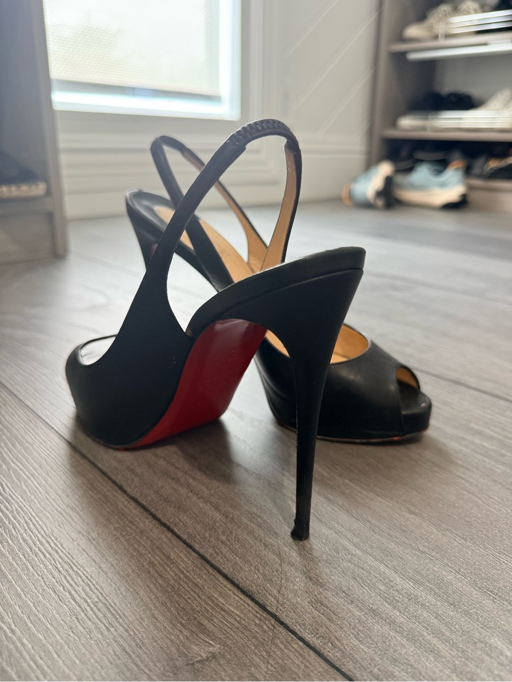 Black Slingback Peep-Toe Stiletto Heels with Red Sole